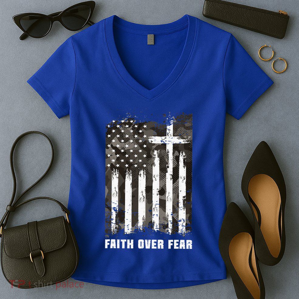 Faith Over Fear Christian Cross Camouflage American Flag Women's V-Neck T-Shirt