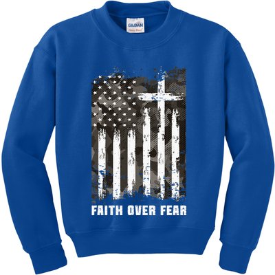 Faith Over Fear Christian Cross Camouflage American Flag Kids Sweatshirt