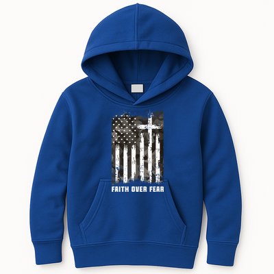 Faith Over Fear Christian Cross Camouflage American Flag Kids Hoodie
