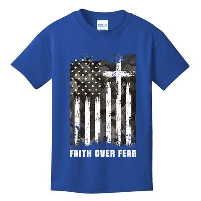 Faith Over Fear Christian Cross Camouflage American Flag Kids T-Shirt