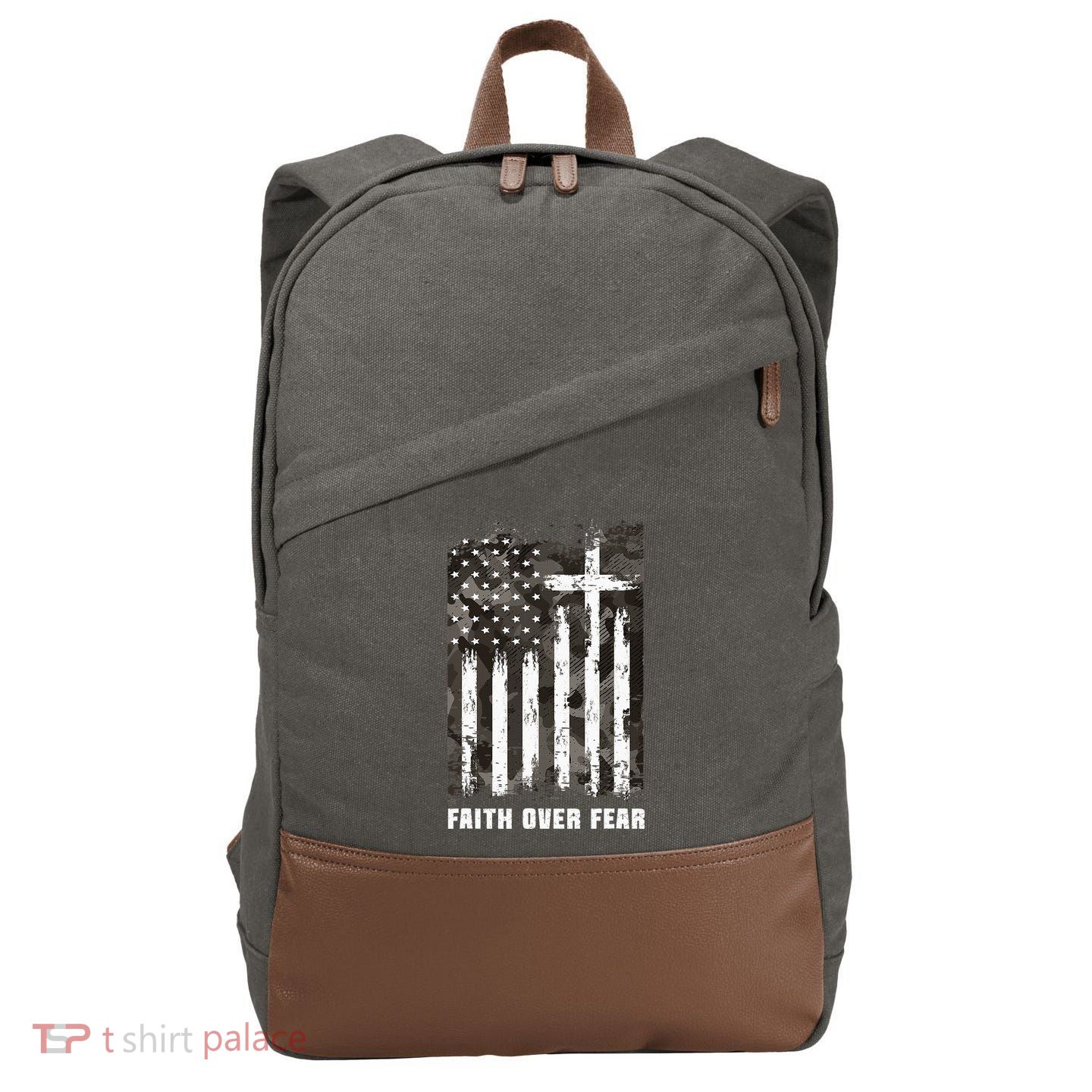 Faith Over Fear Christian Cross Camouflage American Flag Cotton Canvas Backpack