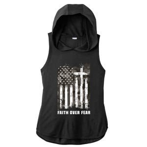 Faith Over Fear Christian Cross Camouflage American Flag Ladies PosiCharge Tri-Blend Wicking Draft Hoodie Tank