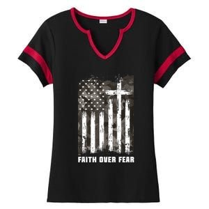 Faith Over Fear Christian Cross Camouflage American Flag Ladies Halftime Notch Neck Tee