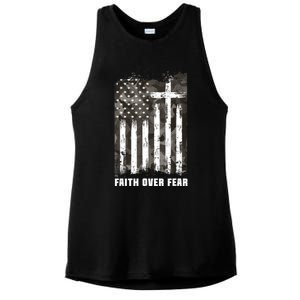 Faith Over Fear Christian Cross Camouflage American Flag Ladies PosiCharge Tri-Blend Wicking Tank