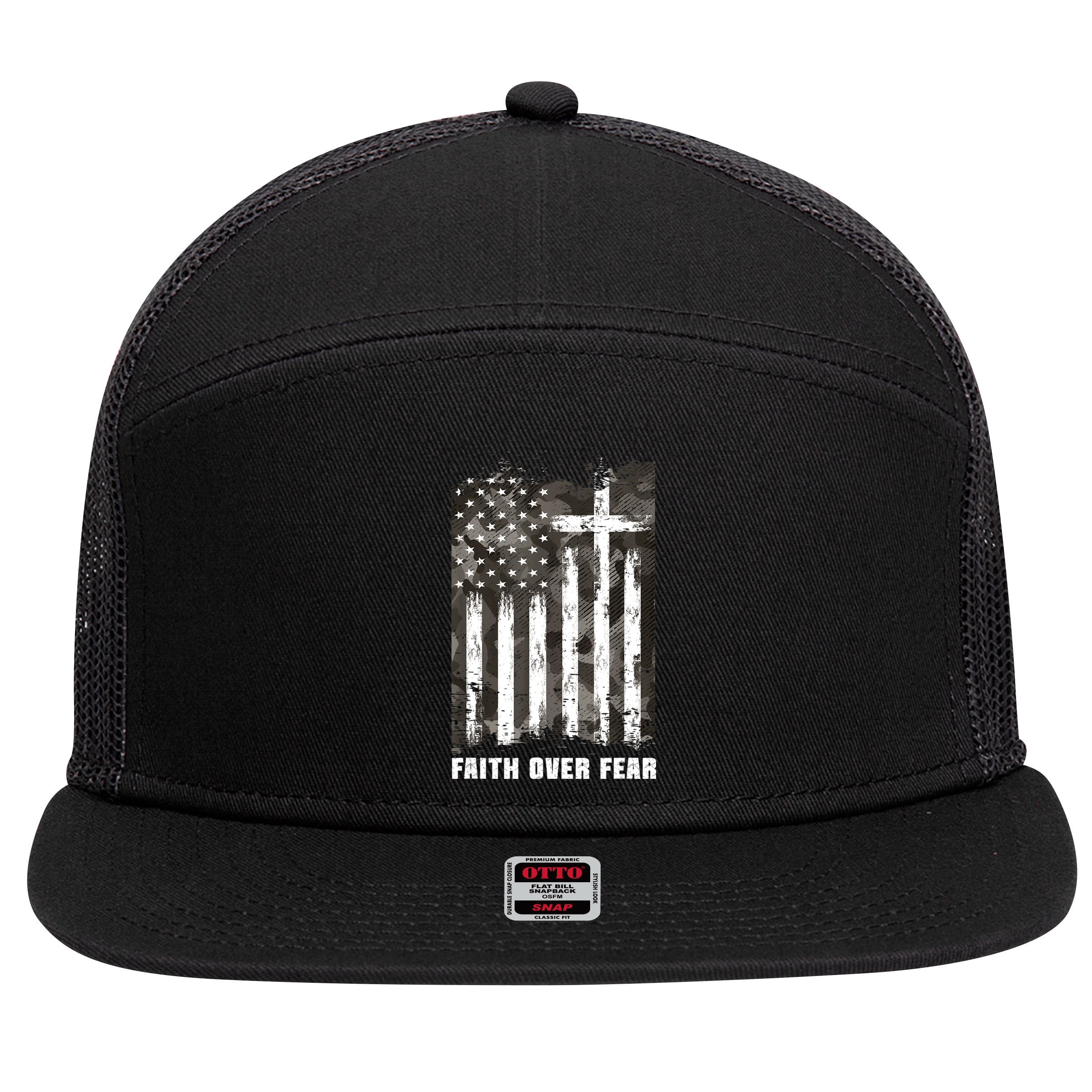 Faith Over Fear Christian Cross Camouflage American Flag 7 Panel Mesh Trucker Snapback Hat