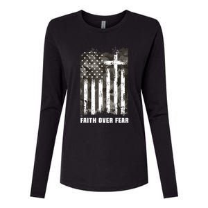 Faith Over Fear Christian Cross Camouflage American Flag Womens Cotton Relaxed Long Sleeve T-Shirt