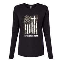 Faith Over Fear Christian Cross Camouflage American Flag Womens Cotton Relaxed Long Sleeve T-Shirt