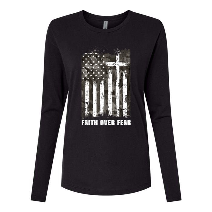 Faith Over Fear Christian Cross Camouflage American Flag Womens Cotton Relaxed Long Sleeve T-Shirt