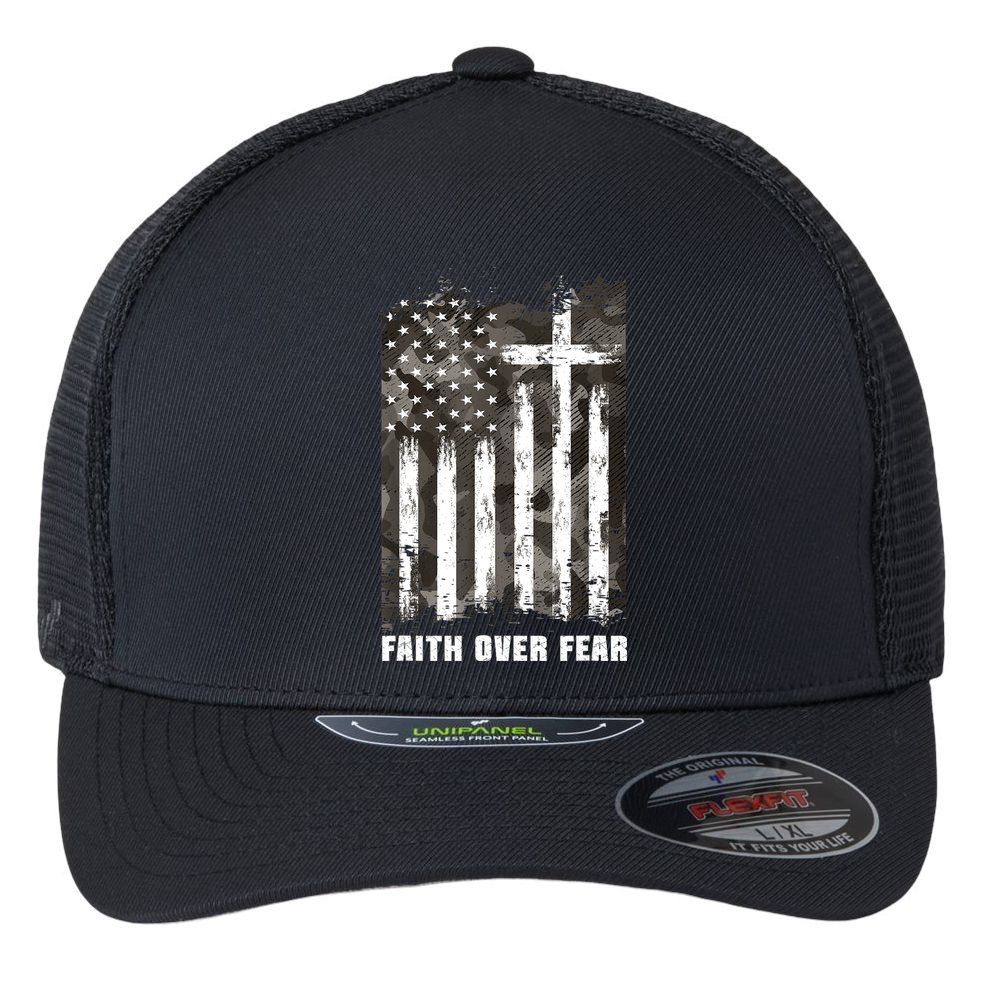 Faith Over Fear Christian Cross Camouflage American Flag Flexfit Unipanel Trucker Cap