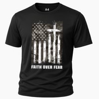 Faith Over Fear Christian Cross Camouflage American Flag Cooling Performance Crew T-Shirt