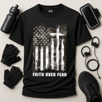 Faith Over Fear Christian Cross Camouflage American Flag Cooling Performance Crew T-Shirt