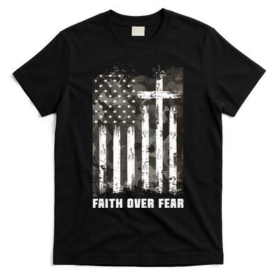 Faith Over Fear Christian Cross Camouflage American Flag T-Shirt