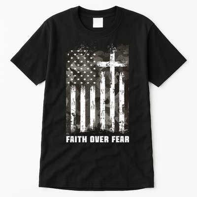 Faith Over Fear Christian Cross Camouflage American Flag Tall T-Shirt