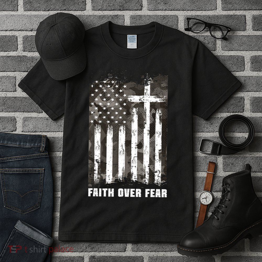 Faith Over Fear Christian Cross Camouflage American Flag Tall T-Shirt