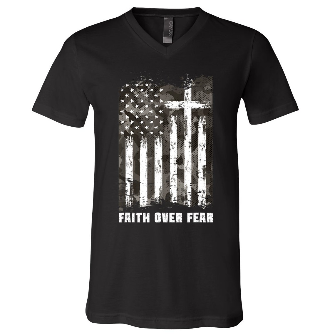Faith Over Fear Christian Cross Camouflage American Flag V-Neck T-Shirt