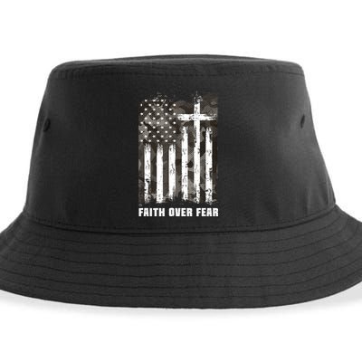 Faith Over Fear Christian Cross Camouflage American Flag Sustainable Bucket Hat