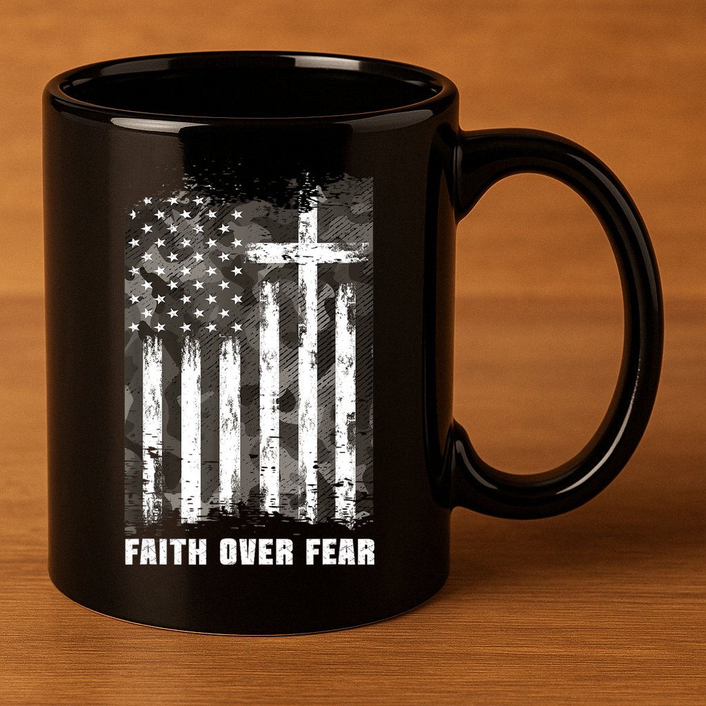 Faith Over Fear Christian Cross Camouflage American Flag 11oz C Handle Ceramic Mug