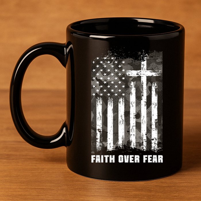 Faith Over Fear Christian Cross Camouflage American Flag 11oz C Handle Ceramic Mug