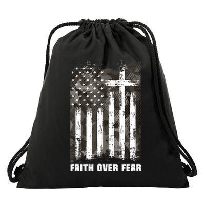 Faith Over Fear Christian Cross Camouflage American Flag Drawstring Bag