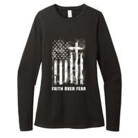 Faith Over Fear Christian Cross Camouflage American Flag Womens CVC Long Sleeve Shirt