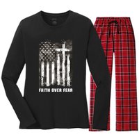 Faith Over Fear Christian Cross Camouflage American Flag Women's Long Sleeve Flannel Pajama Set 