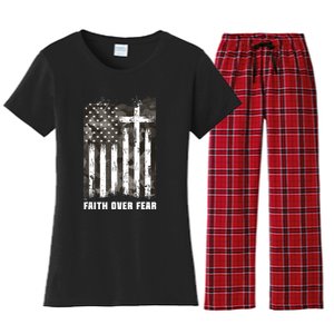 Faith Over Fear Christian Cross Camouflage American Flag Women's Flannel Pajama Set