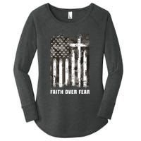 Faith Over Fear Christian Cross Camouflage American Flag Women's Perfect Tri Tunic Long Sleeve Shirt