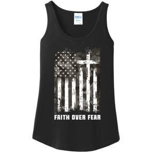 Faith Over Fear Christian Cross Camouflage American Flag Ladies Essential Tank