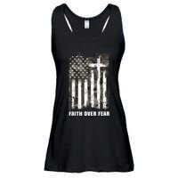 Faith Over Fear Christian Cross Camouflage American Flag Ladies Essential Flowy Tank