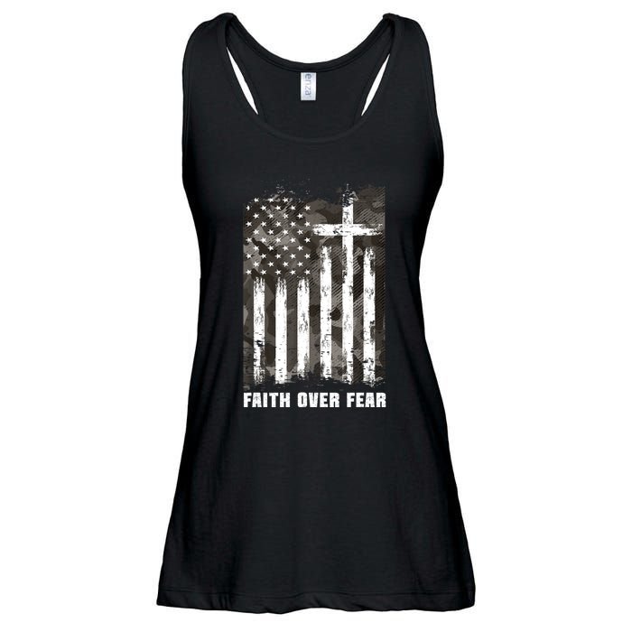 Faith Over Fear Christian Cross Camouflage American Flag Ladies Essential Flowy Tank