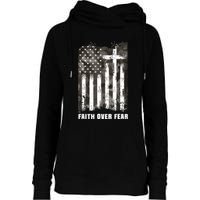 Faith Over Fear Christian Cross Camouflage American Flag Womens Funnel Neck Pullover Hood