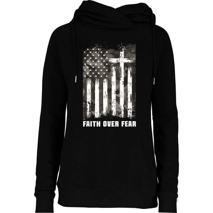 Faith Over Fear Christian Cross Camouflage American Flag Womens Funnel Neck Pullover Hood