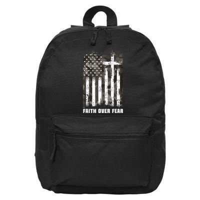 Faith Over Fear Christian Cross Camouflage American Flag 16 in Basic Backpack