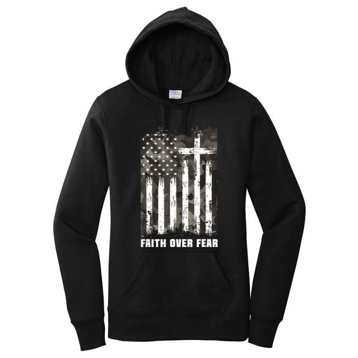 Faith Over Fear Christian Cross Camouflage American Flag Women's Pullover Hoodie