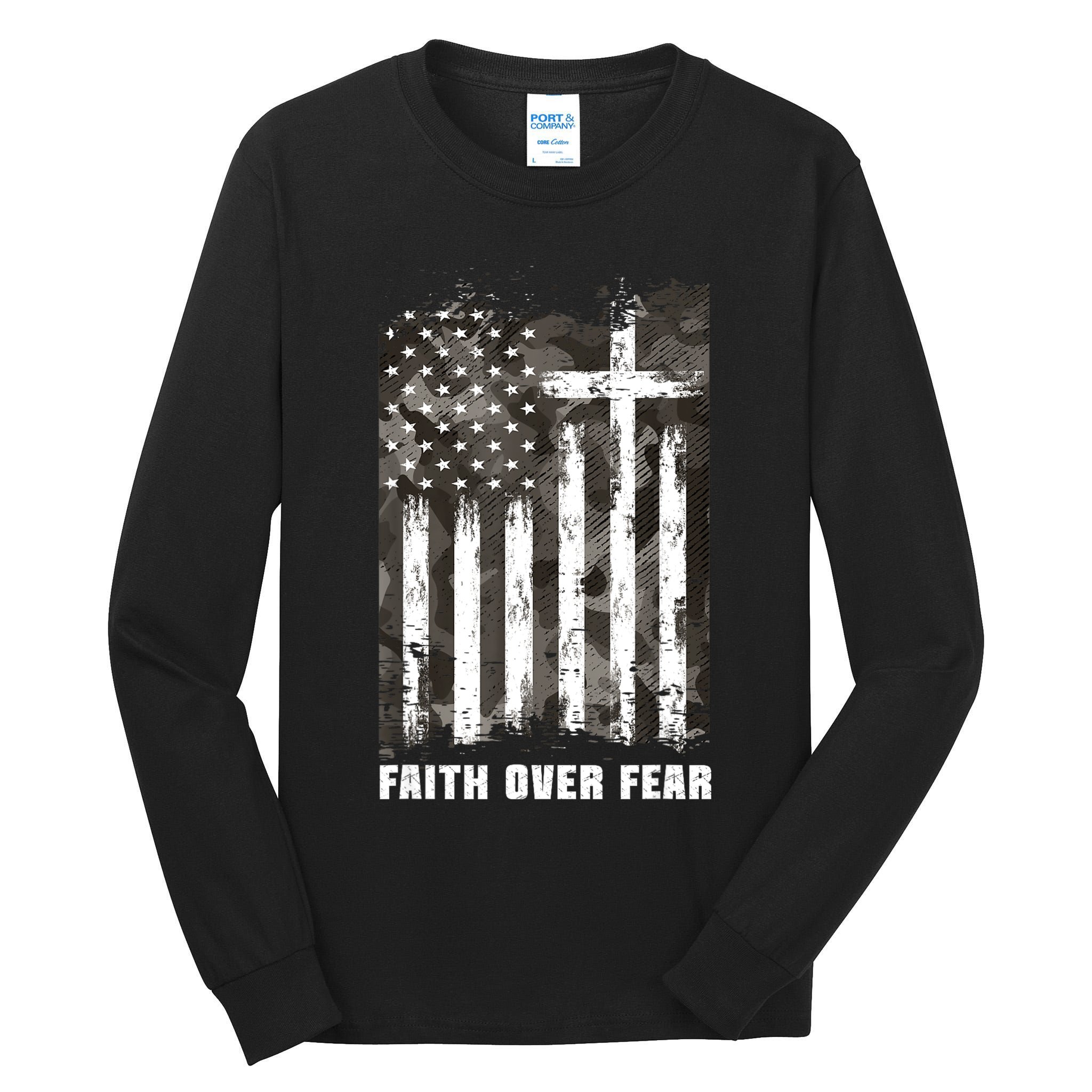Faith Over Fear Christian Cross Camouflage American Flag Tall Long Sleeve T-Shirt