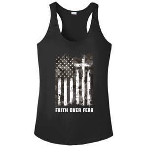 Faith Over Fear Christian Cross Camouflage American Flag Ladies PosiCharge Competitor Racerback Tank