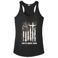 Faith Over Fear Christian Cross Camouflage American Flag Ladies PosiCharge Competitor Racerback Tank