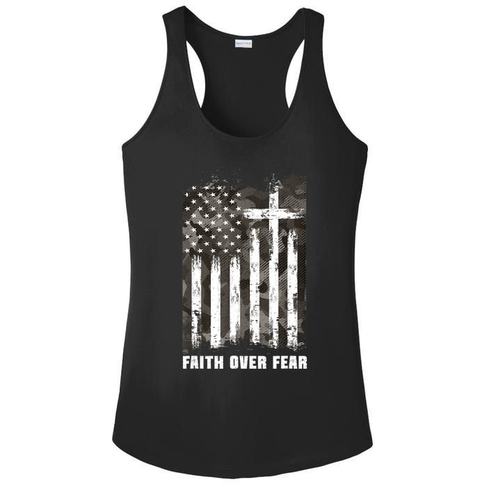 Faith Over Fear Christian Cross Camouflage American Flag Ladies PosiCharge Competitor Racerback Tank