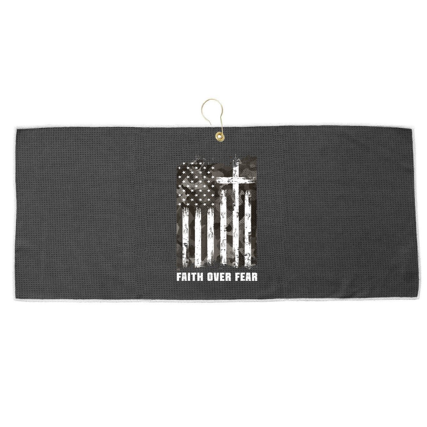 Faith Over Fear Christian Cross Camouflage American Flag Large Microfiber Waffle Golf Towel