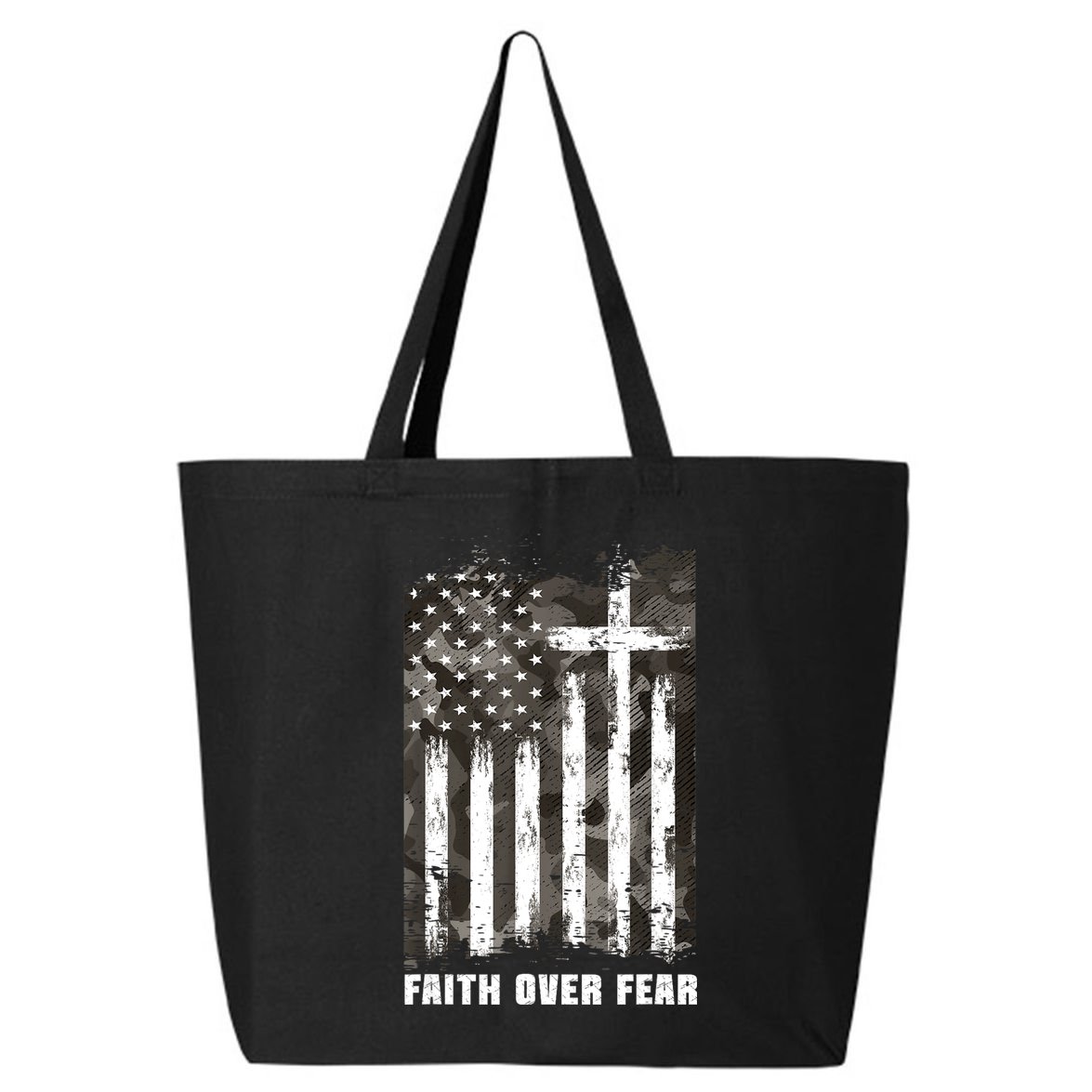 Faith Over Fear Christian Cross Camouflage American Flag 25L Jumbo Tote