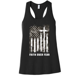 Faith Over Fear Christian Cross Camouflage American Flag Women's Racerback Tank