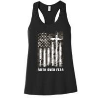 Faith Over Fear Christian Cross Camouflage American Flag Women's Racerback Tank