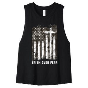 Faith Over Fear Christian Cross Camouflage American Flag Women's Racerback Cropped Tank