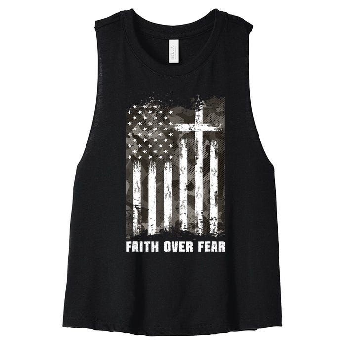 Faith Over Fear Christian Cross Camouflage American Flag Women's Racerback Cropped Tank