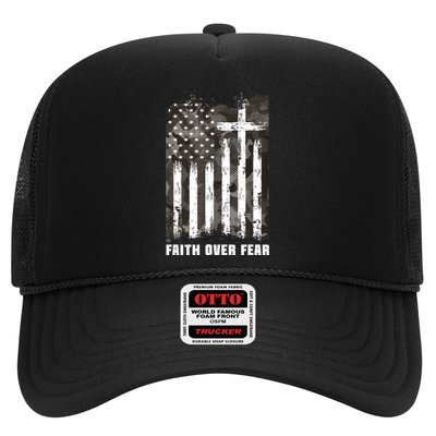 Faith Over Fear Christian Cross Camouflage American Flag Trucker Hat