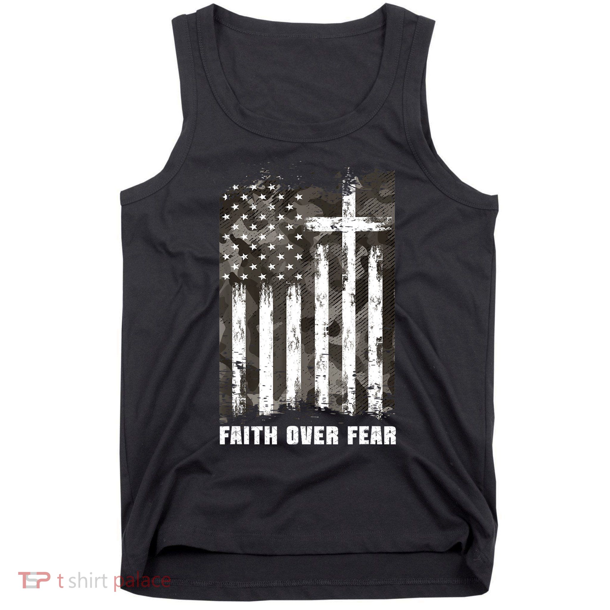 Faith Over Fear Christian Cross Camouflage American Flag Tank Top