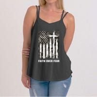 Faith Over Fear Christian Cross Camouflage American Flag Women's Strappy Tank