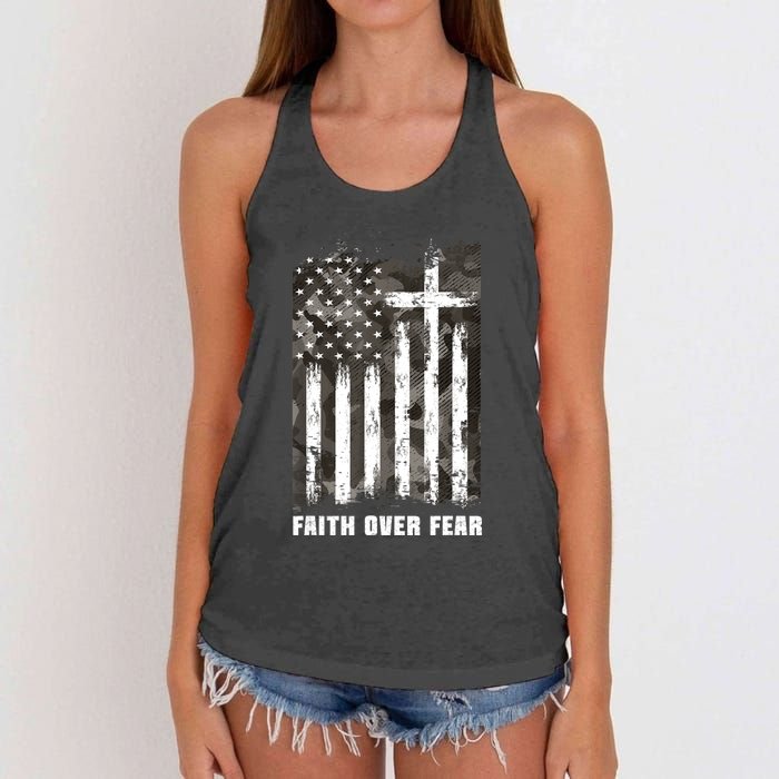 Faith Over Fear Christian Cross Camouflage American Flag Women's Knotted Racerback Tank