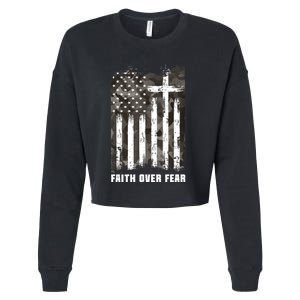 Faith Over Fear Christian Cross Camouflage American Flag Cropped Pullover Crew