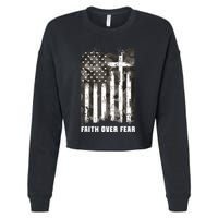 Faith Over Fear Christian Cross Camouflage American Flag Cropped Pullover Crew